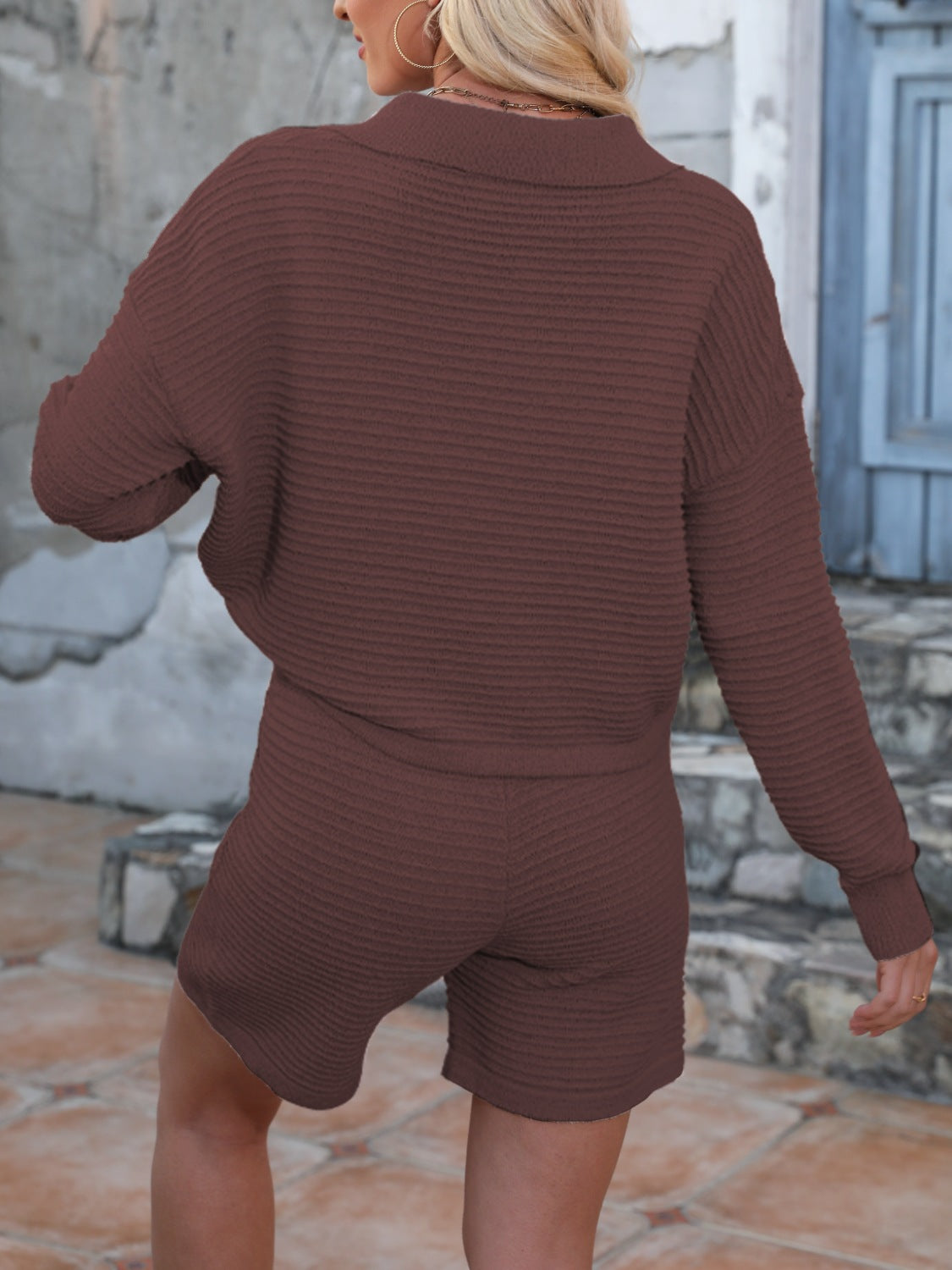 Textured knit polo short set in dark brown with a relaxed fit.