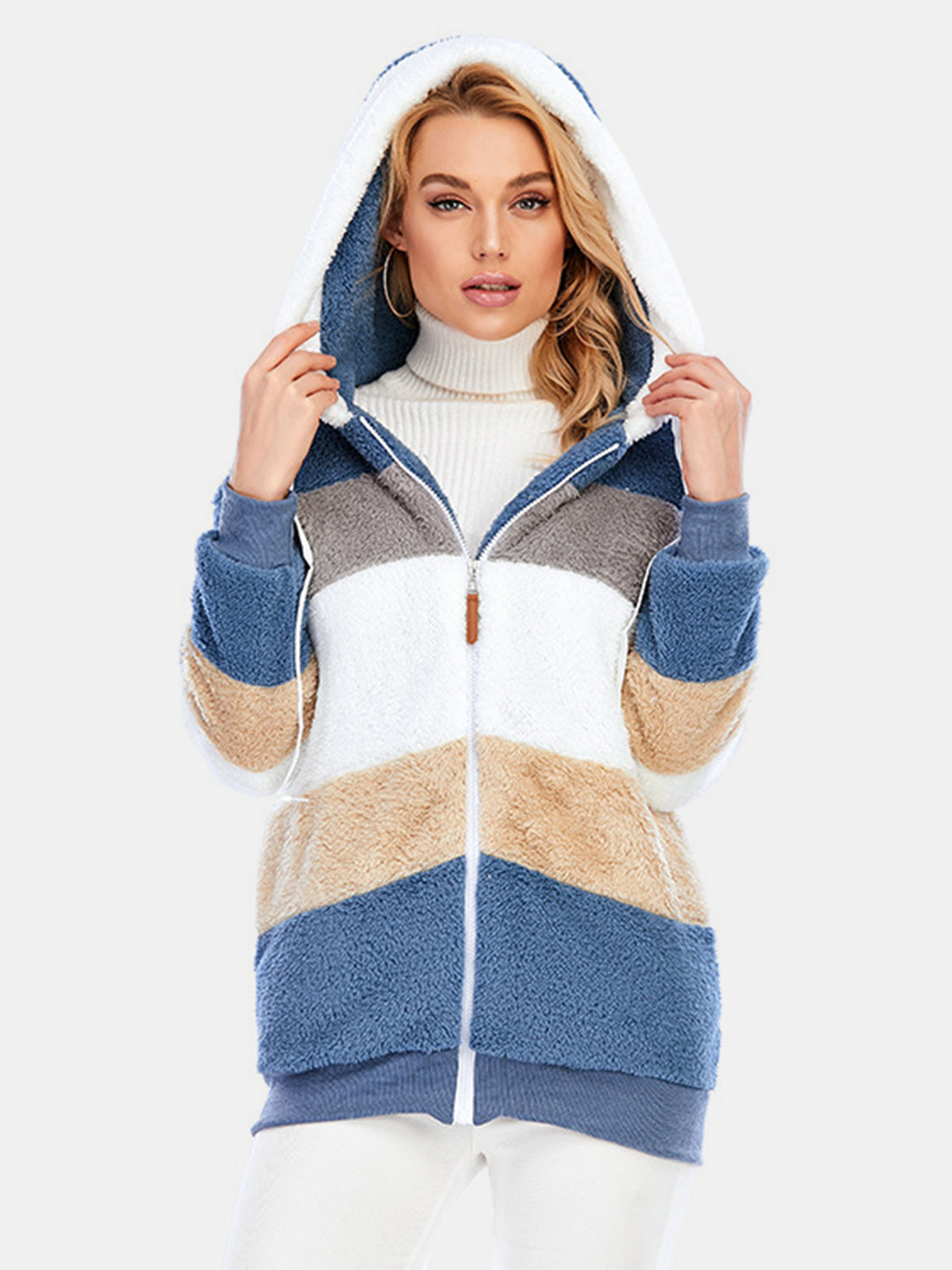 Teddy fleece zip-up hoodie jacket with color block pattern in blue, tan, white, and gray.