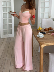 Pink lace trim cropped cami and wide leg lounge pants set with bow detail