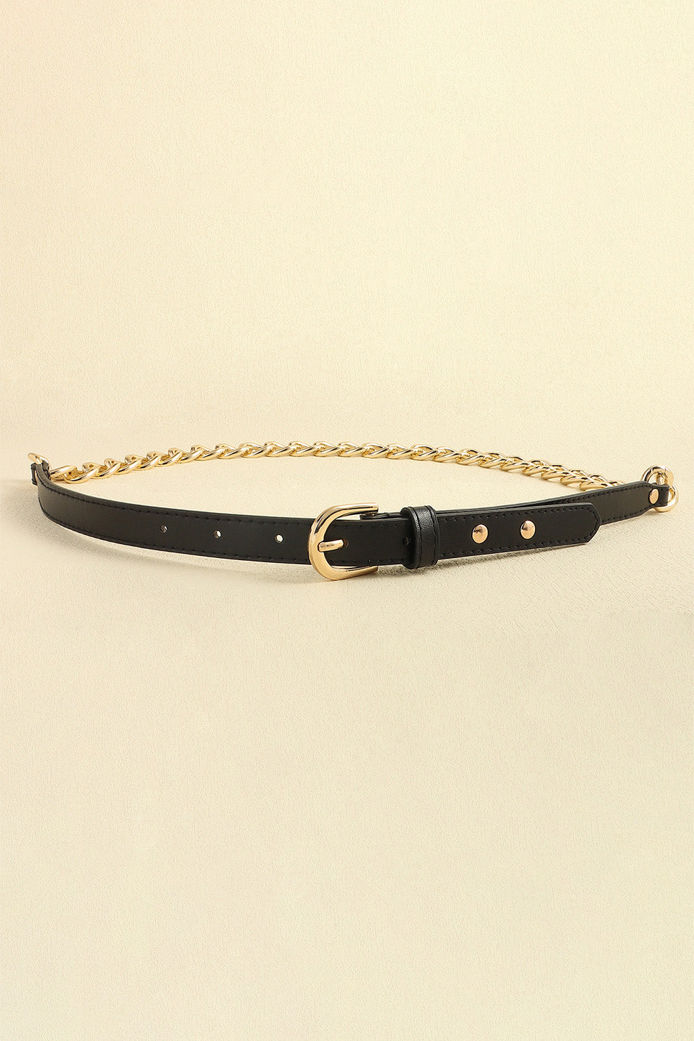 Black leather belt with gold chain accent and gold buckle