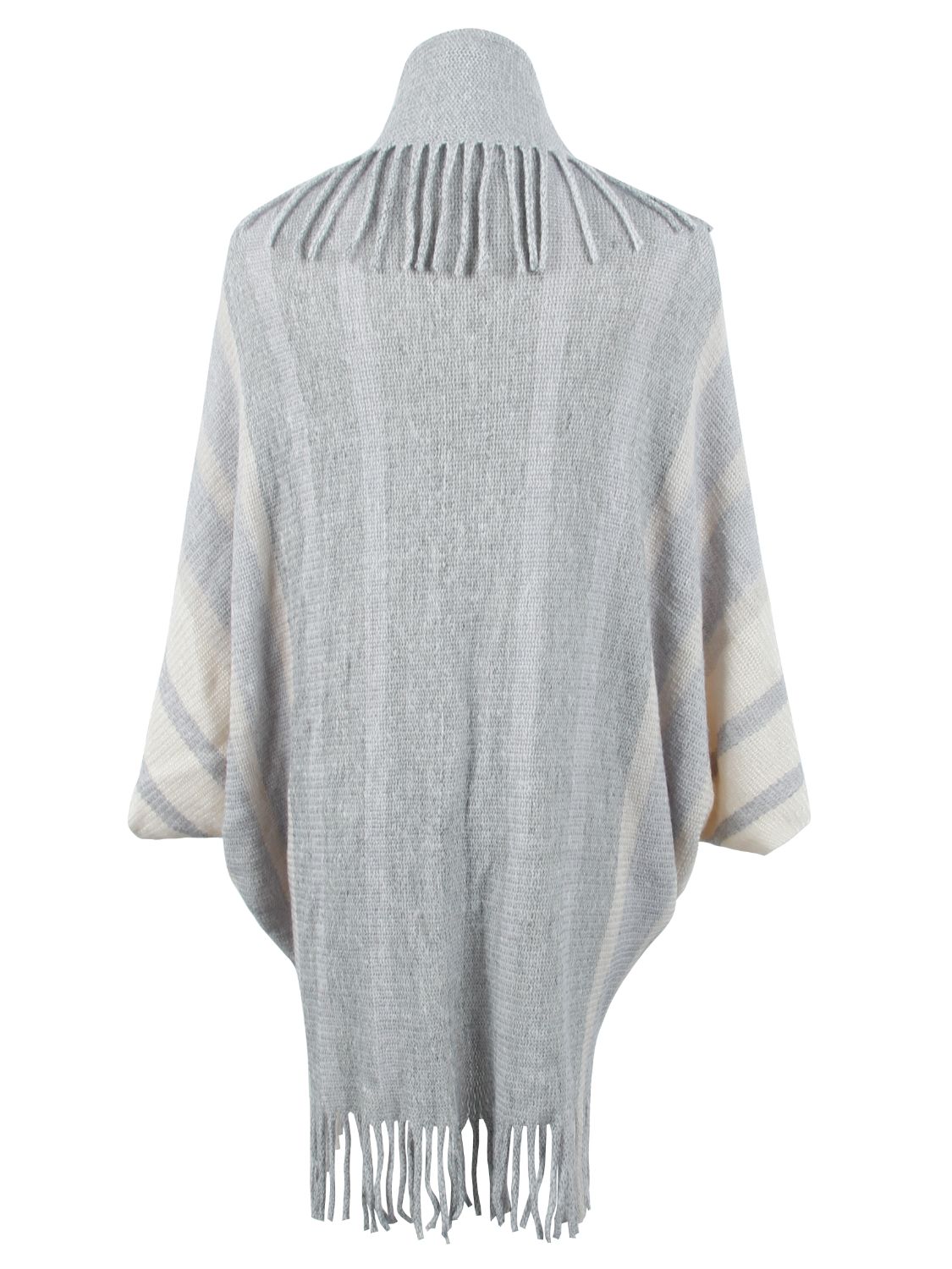 Textured fringe capelet in charcoal and ivory stripes with a high neck and fringed hem.