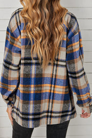Relaxed plaid shacket in blue/orange with buttoned cuffs and patch pockets.