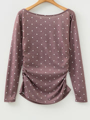 Boat neck polka dot long-sleeve tee in coffee brown with ruched side detail