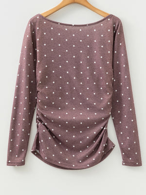 Boat neck polka dot long-sleeve tee in coffee brown with ruched side detail
