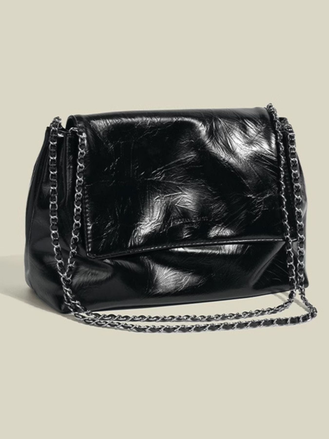 Black crinkled pu leather shoulder bag with chain strap