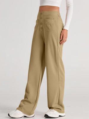 Camel button-front palazzo trousers with wide legs and flap pockets.