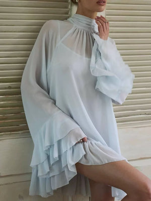 Sheer Mock Neck Flare Sleeve Dress in Sky Blue, side view