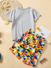 Toddler grey cotton graphic t-shirt and colorful camouflage shorts set