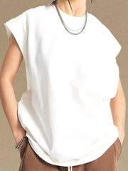 White raglan shoulder sleeveless top with raw hem detail.