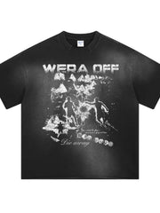 Black distressed graphic tee with "Wera Off" text and abstract figures.