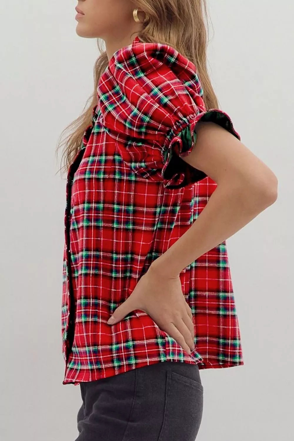 Plaid V Neck Ruffle Color Block Shirt in Rust, close-up detail