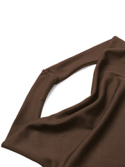Brown ribbed halter neck bodysuit with button detail