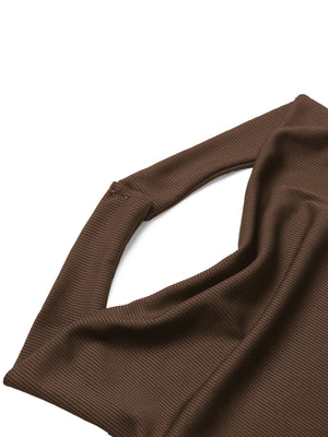 Brown ribbed halter neck bodysuit with button detail