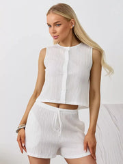 White textured cotton tank top and drawstring shorts set with button front detail.