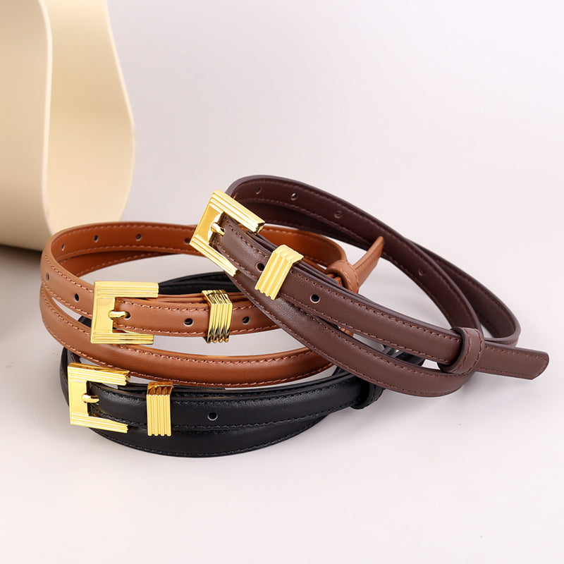 Skinny leather belts in black, coffee brown, and brown with gold buckles.