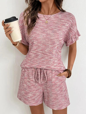 Pink ruffled sleeve two-piece set with drawstring shorts
