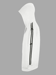 White zip-up hoodie with black stripes and bows on the sleeves.