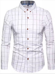 Men's white long-sleeve button-up shirt with a black grid pattern and button-down collar.
