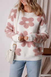 Textured floral knit pullover sweater in white with pink blooms, crewneck, long sleeves.
