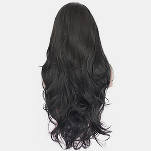 Black lace front wig with voluminous, cascading waves and a natural-looking finish.