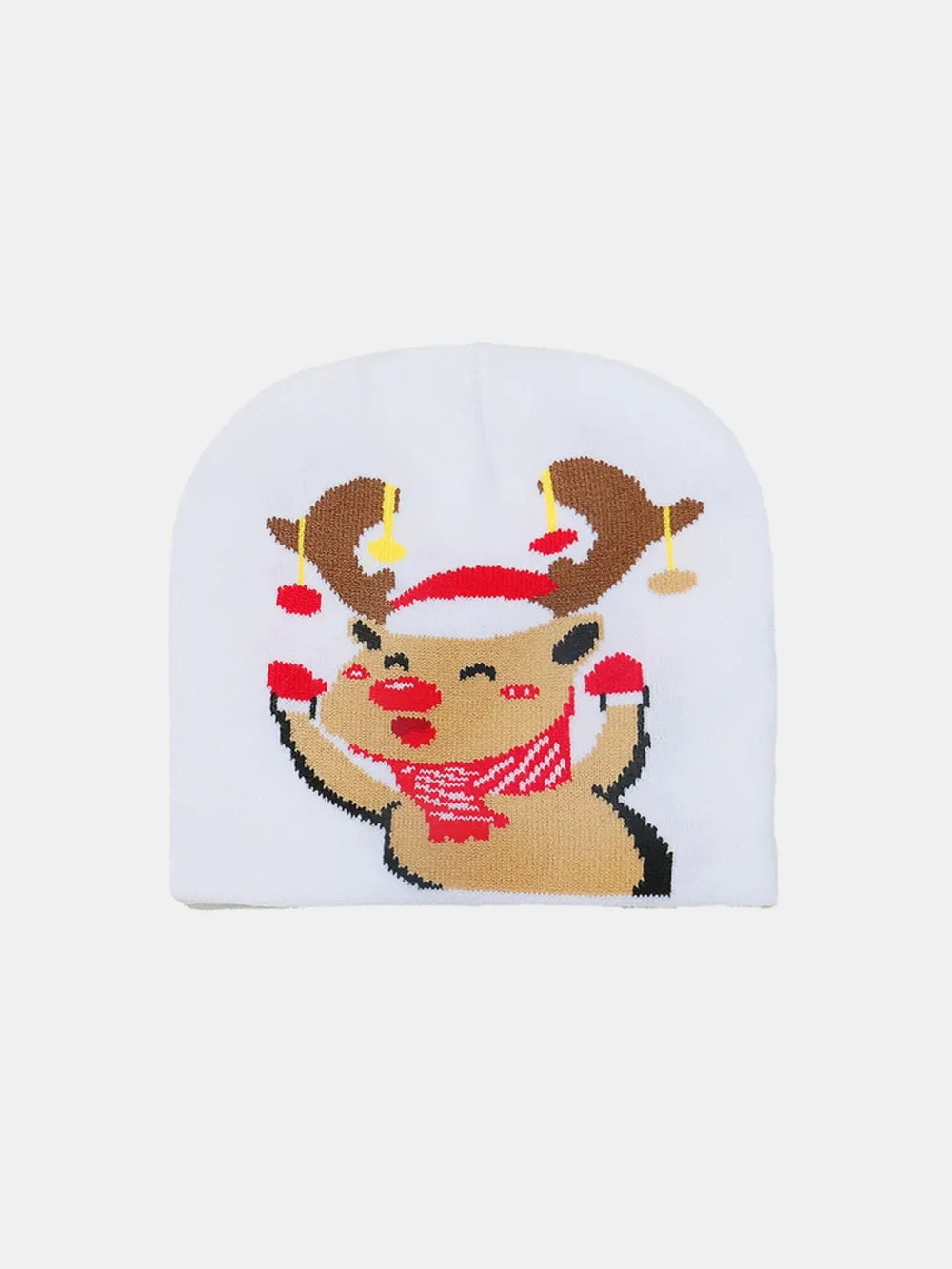 White acrylic beanie with a festive reindeer graphic and red scarf detail.