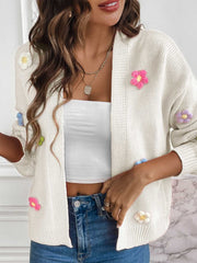 White knit open-front cardigan with embroidered multicolor flowers, casual style