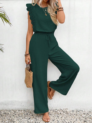 Dark Green textured jumpsuit with ruffle sleeves and drawstring waist.