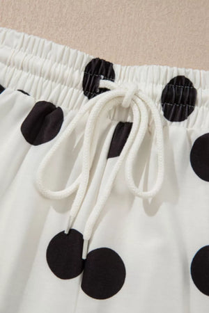 White polka dot lounge set shorts with drawstring waist