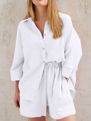 White gauze cotton resort shirt and shorts set with button front and elastic waist shorts.