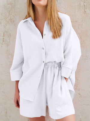 White gauze cotton resort shirt and shorts set with button front and elastic waist shorts.