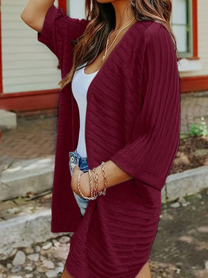 Burgundy ribbed sleeve cardigan with open front and 3/4 sleeves.