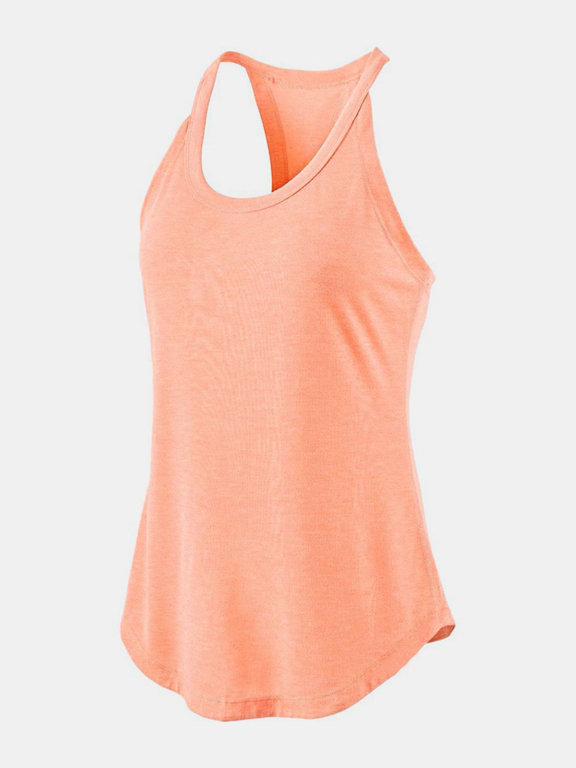 Coral racerback tank top with a curved hem