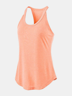Coral racerback tank top with a curved hem
