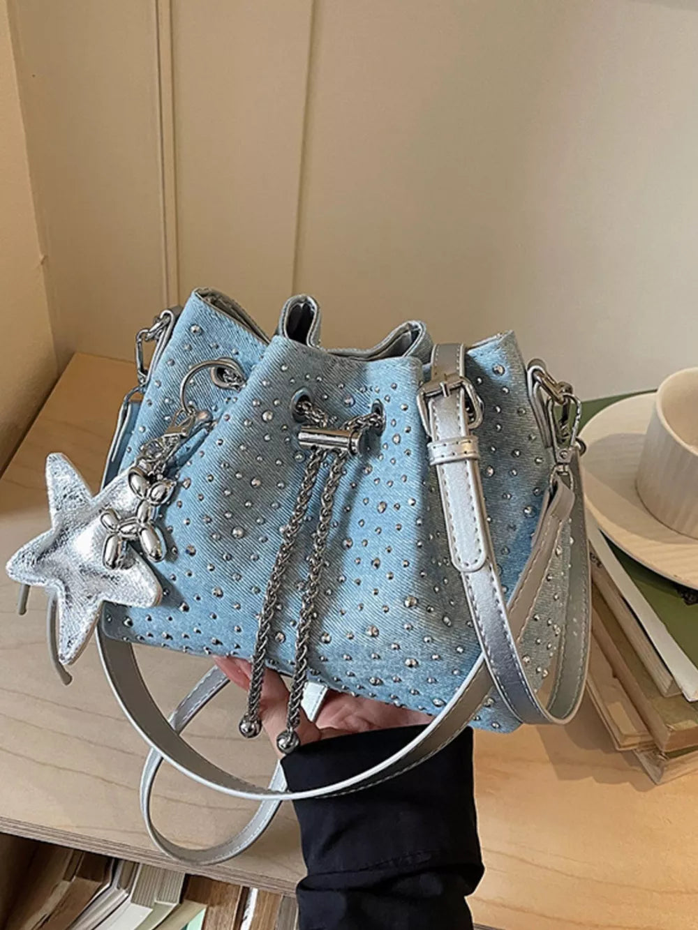 Drawstring Bucket Crossbody Bag in Blue, alternate angle