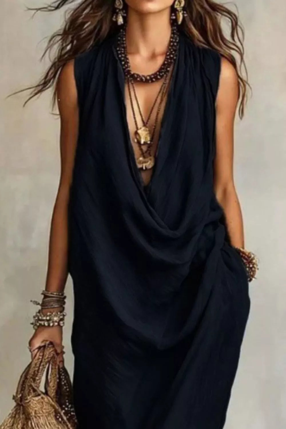 Black cowl neck midi dress with pockets and layered necklaces.