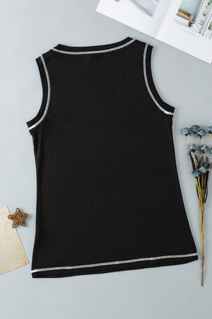 Black tank top with contrast stitching and a rhinestone smiley face graphic.