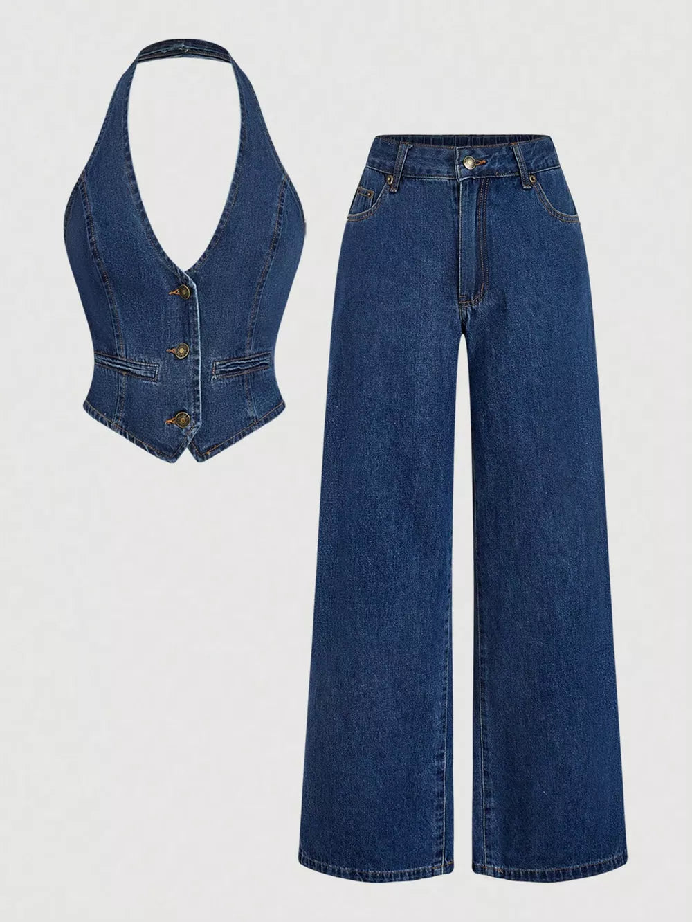 Halter Neck Denim Vest And Wide-leg Jeans Set, front view