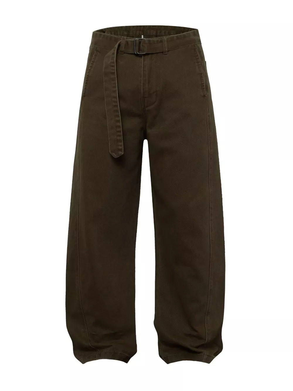 Belted wide-leg cargo pants in dark brown with a fabric belt and buckle closure.