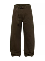 Belted wide-leg cargo pants in dark brown with a fabric belt and buckle closure.
