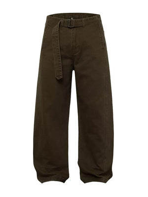 Belted wide-leg cargo pants in dark brown with a fabric belt and buckle closure.