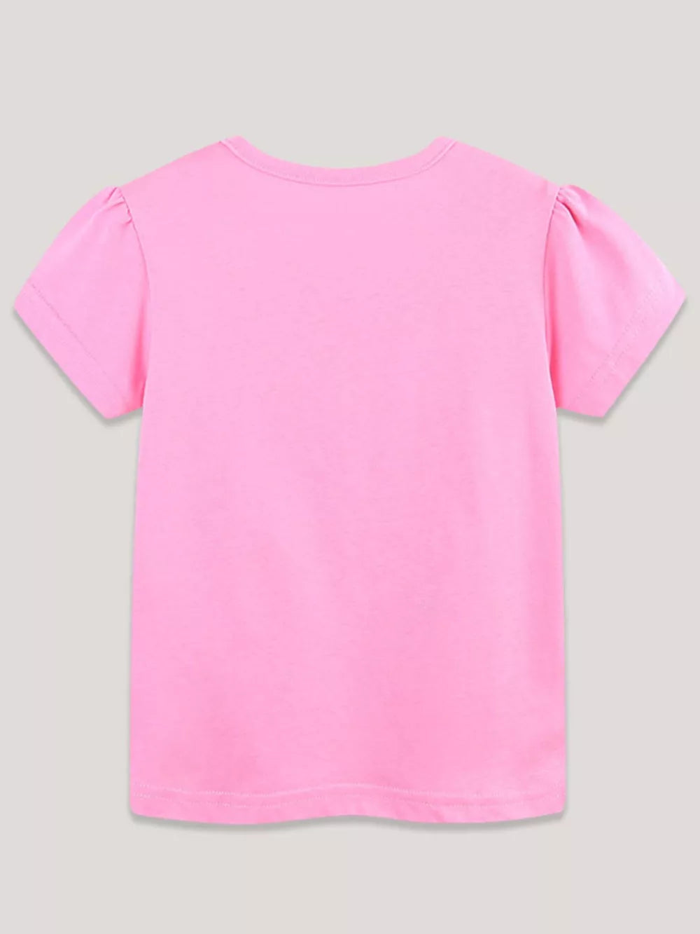 Pink cotton crew neck t-shirt with puff sleeves and dinosaur print.