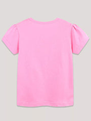 Pink cotton crew neck t-shirt with puff sleeves and dinosaur print.