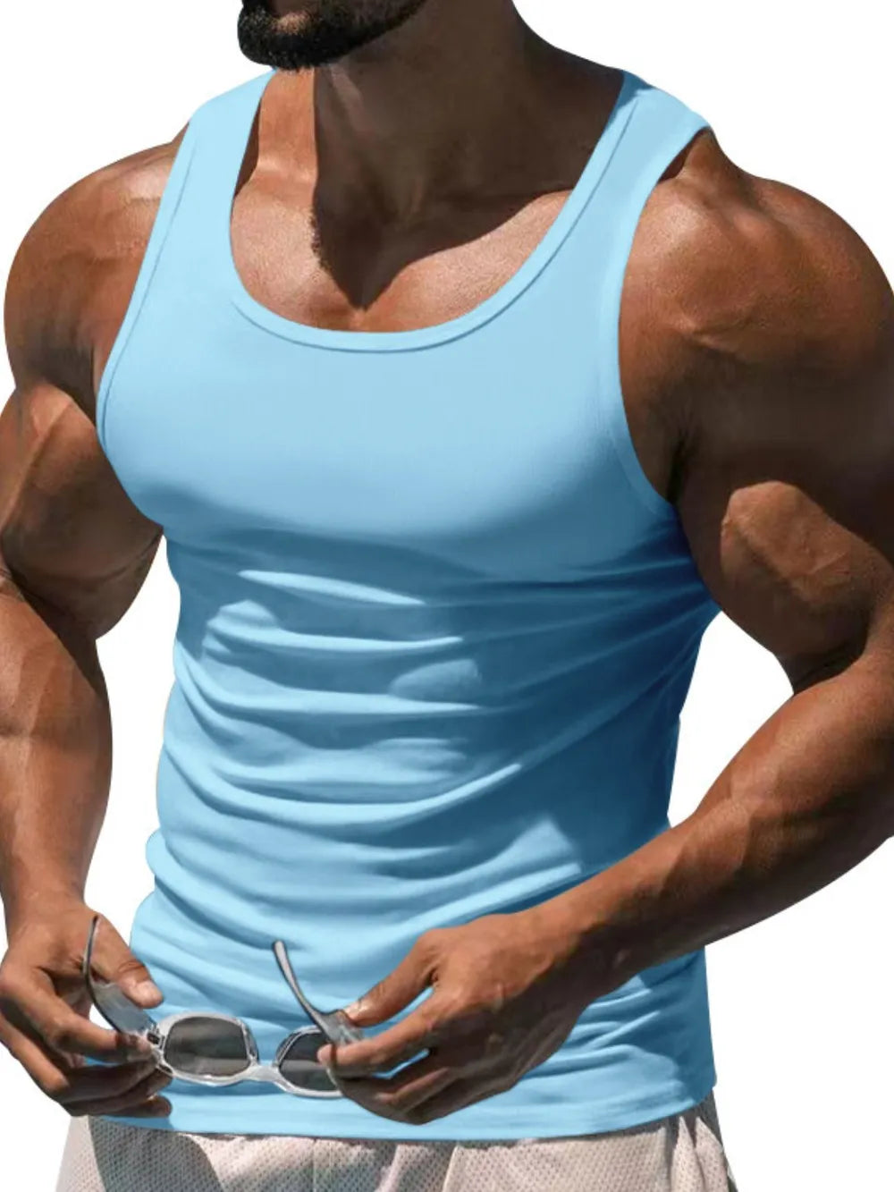 Sculpted Scoop Neck Tank Top in Pastel Blue, a basic active top for men.