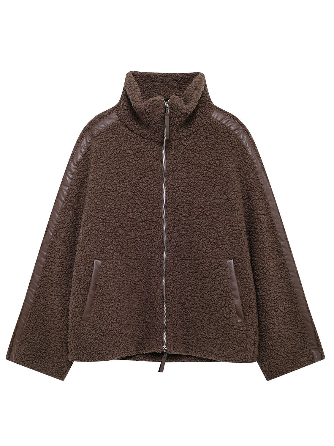 Dark brown teddy fleece zip-up jacket with contrast piping on sleeves and collar.