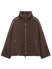 Dark brown teddy fleece zip-up jacket with contrast piping on sleeves and collar.