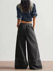 Distressed Floral Appliqué Wide-leg Jeans