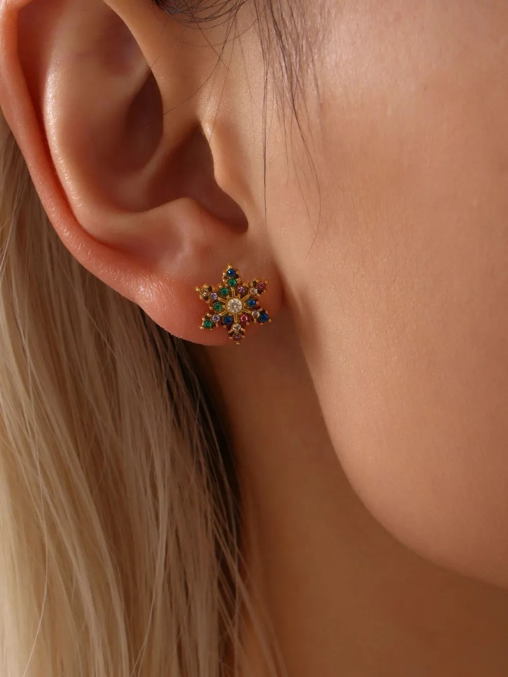 Celestial Gemstone Snowflake Studs earrings in mixed color with 18K gold plating.