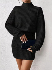 Black ribbed turtleneck mini dress with long sleeves, bodycon fit, and a clutch bag.