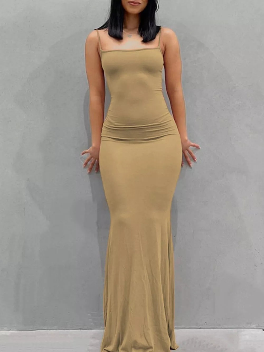 Camel spaghetti strap bodycon maxi dress with a square neckline.