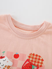 Toddler pink cotton graphic tee with ice cream and strawberry print.